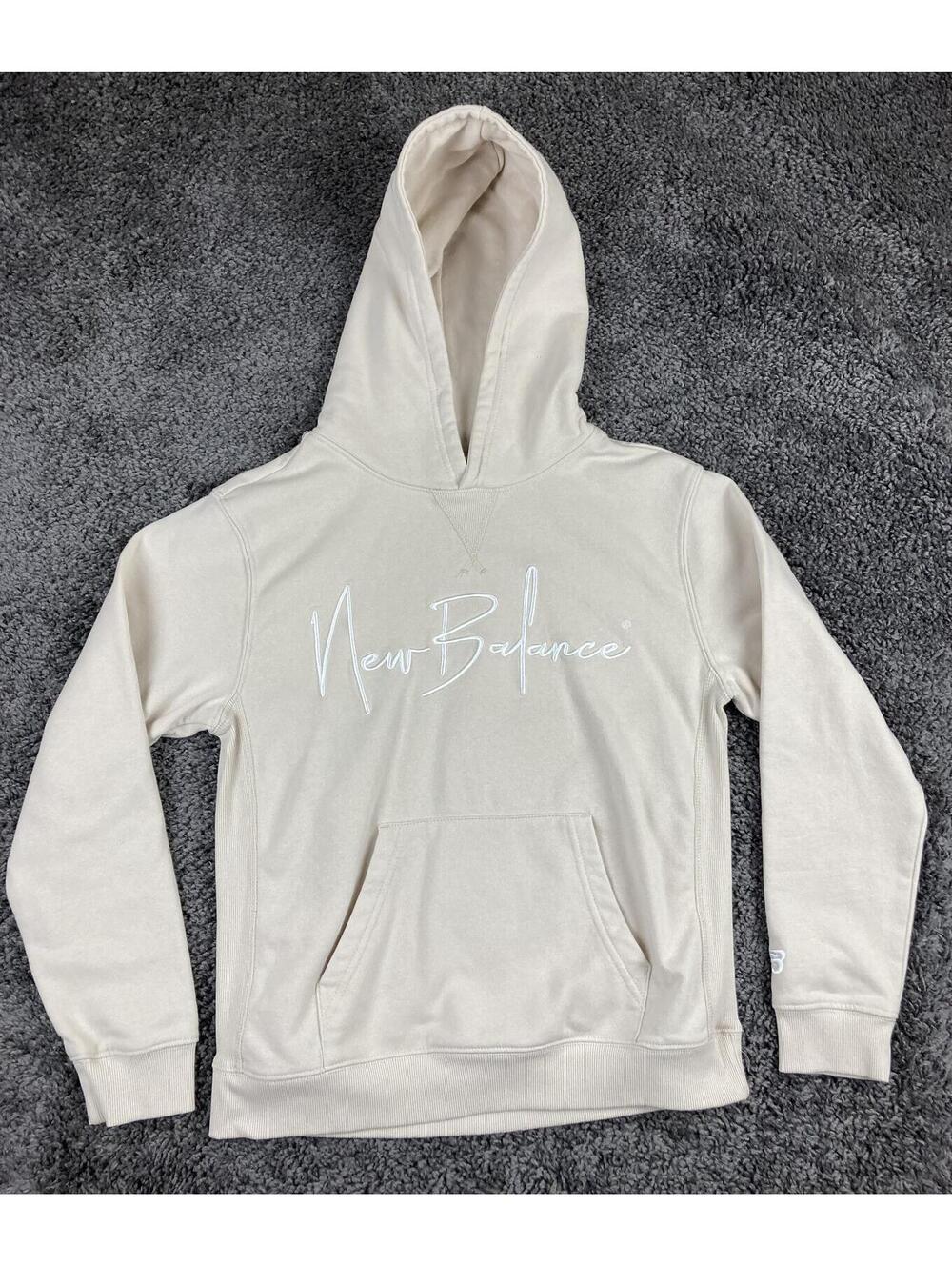 New Balance Hoodie Logo Pullover Youth Girls Beige Fleece Sweatshirt Sz 16